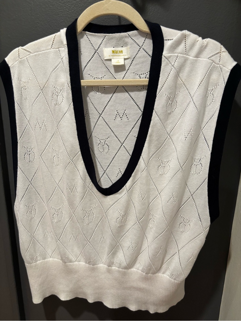 Anthropologie Maeve White V-Neck Knit Sweater Vest with Black Trim